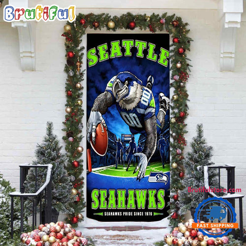 NFL Seattle Seahawks Mascot Football Christmas Door Cover, Football Xmas Door Cover