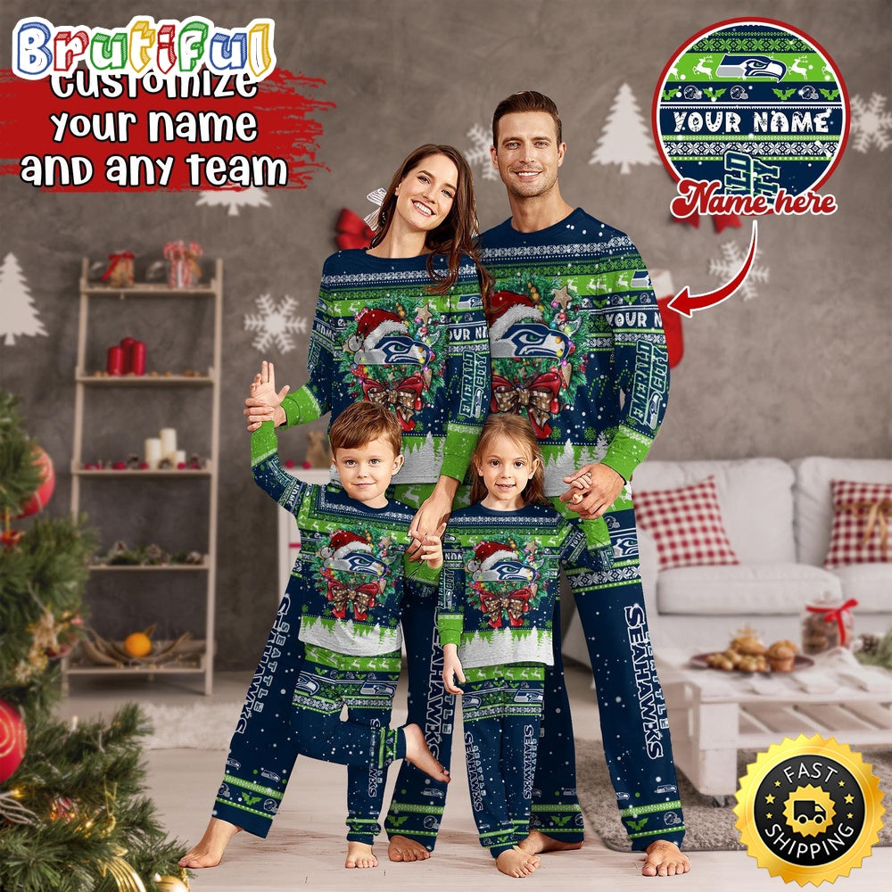 NFL Seattle Seahawks Pajamas Christmas For Family Custom Name Pajamas