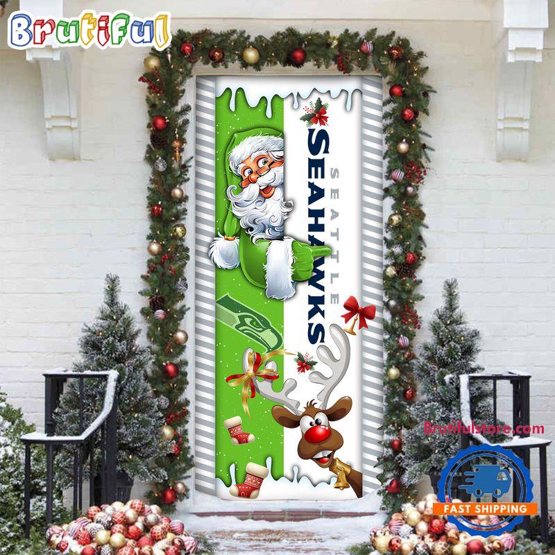 NFL Seattle Seahawks Santa Reindeer Merry Christmas Door Cover, Football Christmas Home Decor