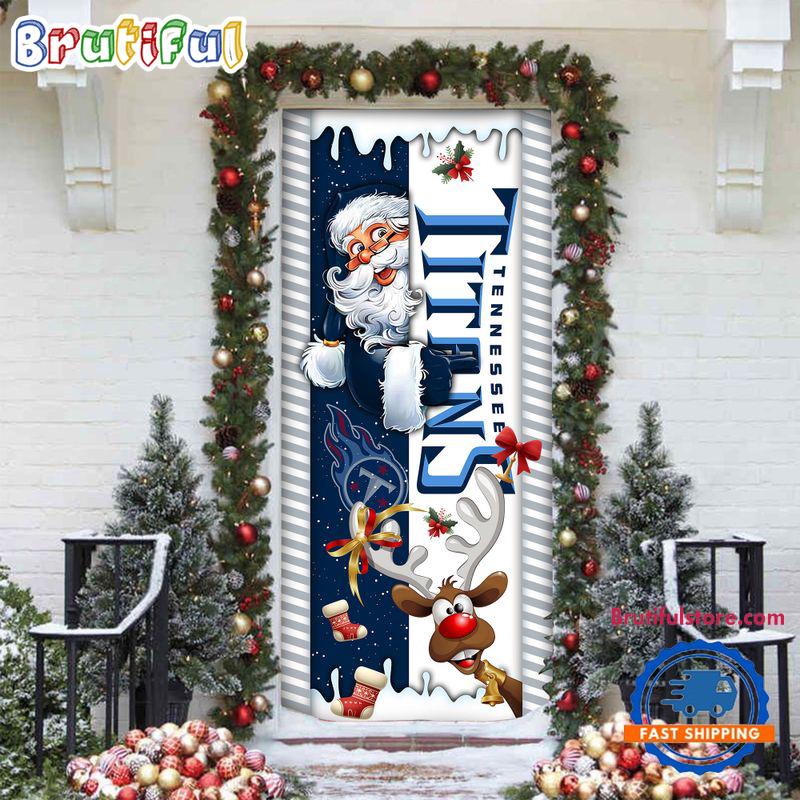 NFL Tennessee Titans Santa Reindeer Merry Christmas Door Cover, Football Christmas Home Decor
