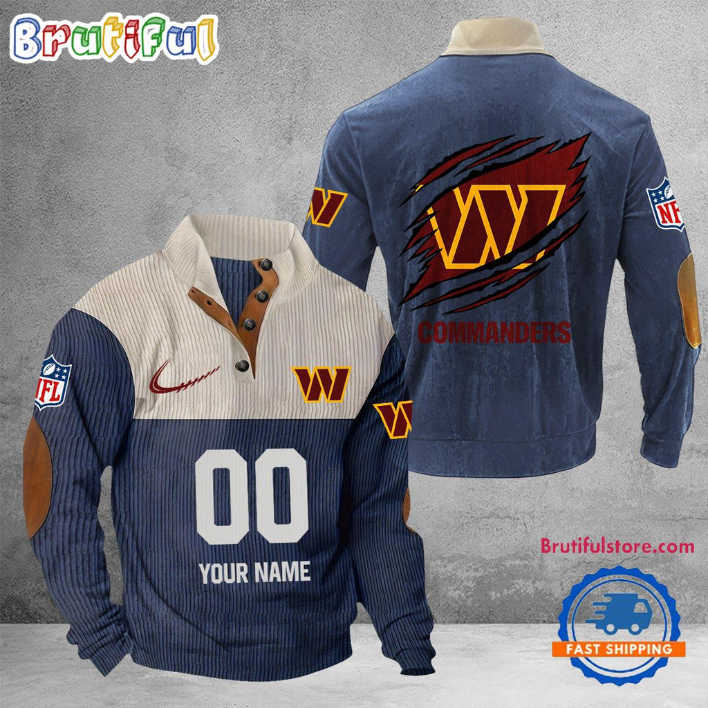 NFL Washington Commanders Football Team Custom Name And Number Buttoned Collar Sweatshirt