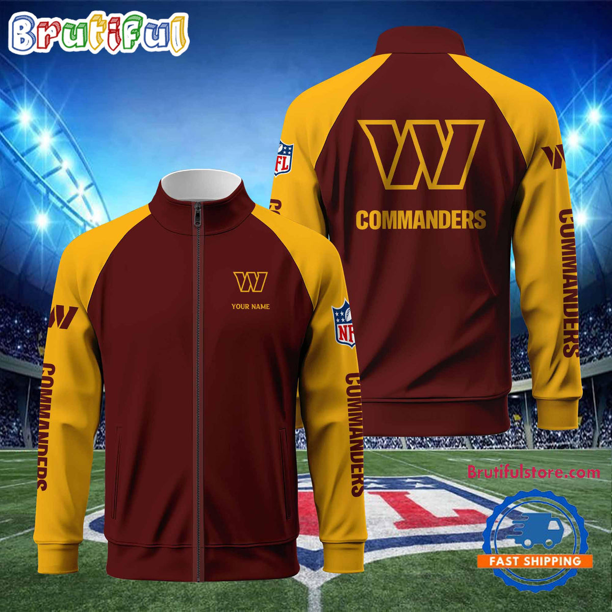 NFL Washington Commanders Football Team Custom Name Standing Neck Zipper Jacket