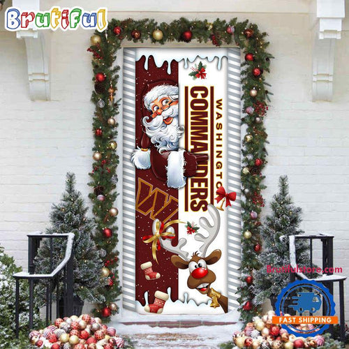 NFL Washington Commanders Santa Reindeer Merry Christmas Door Cover, Football Christmas Home Decor