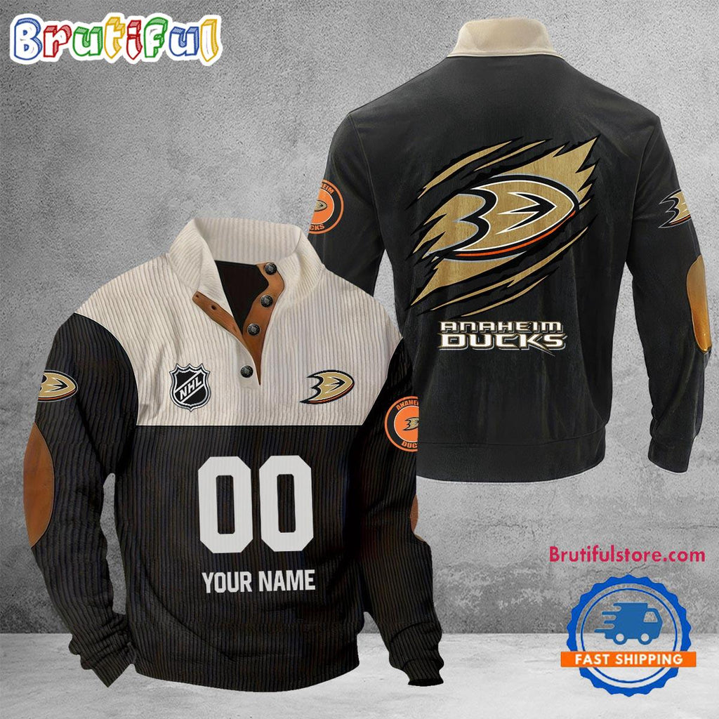 NHL Anaheim Ducks Hockey Team Custom Name And Number Buttoned Collar Sweatshirt