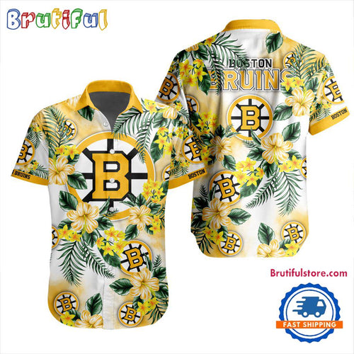 NHL Boston Bruins Hockey Tropical Flower Hawaiian Design Button Shirt