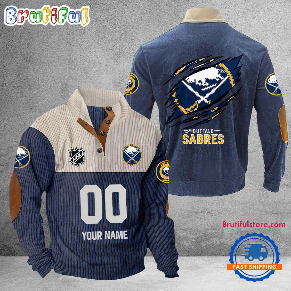 NHL Buffalo Sabres Hockey Team Custom Name And Number Buttoned Collar Sweatshirt
