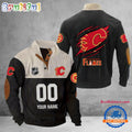NHL Calgary Flames Hockey Team Custom Name And Number Buttoned Collar Sweatshirt