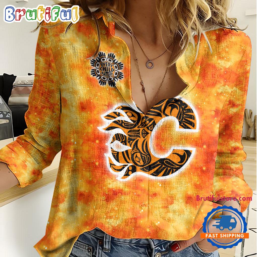NHL Calgary Flames Hockey Team Orange Design Women’s Casual Shirt