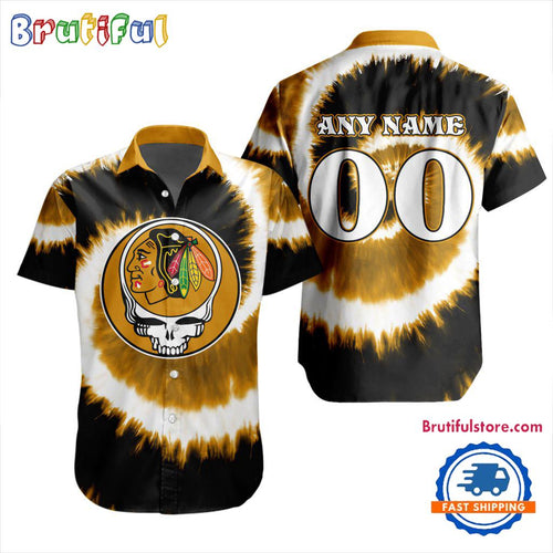 NHL Chicago Blackhawks Grateful Dead Tie-Dye Hawaiian Design Button Shirt