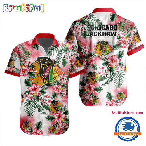NHL Chicago Blackhawks Hockey Tropical Flower Hawaiian Design Button Shirt