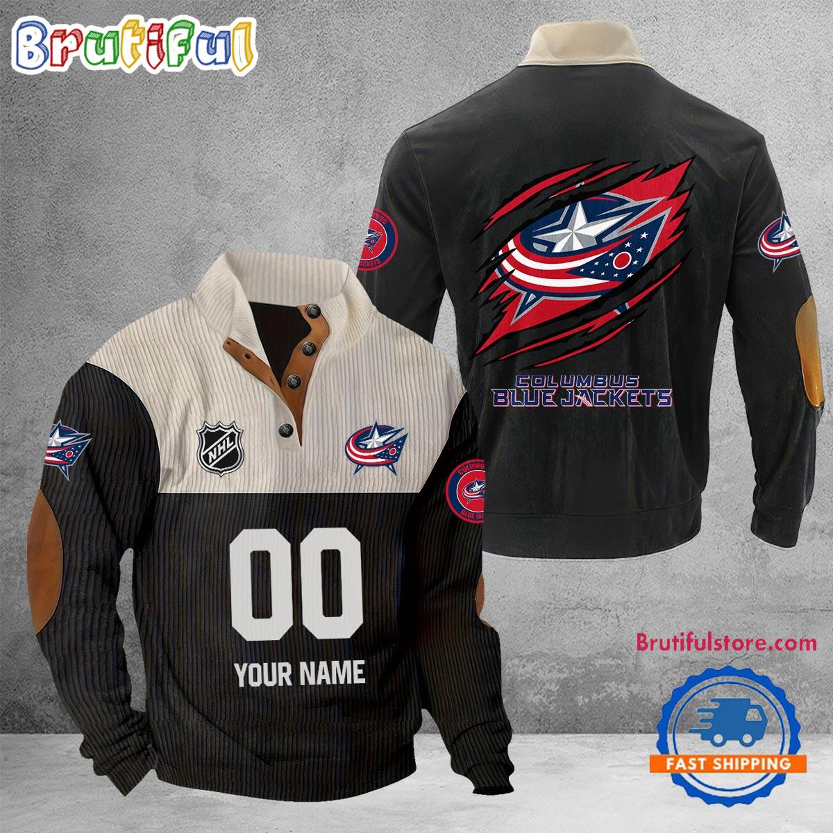 NHL Columbus Blue Jackets Hockey Team Custom Name And Number Buttoned Collar Sweatshirt
