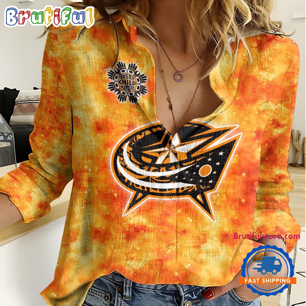 NHL Columbus Blue Jackets Hockey Team Orange Design Women’s Casual Shirt