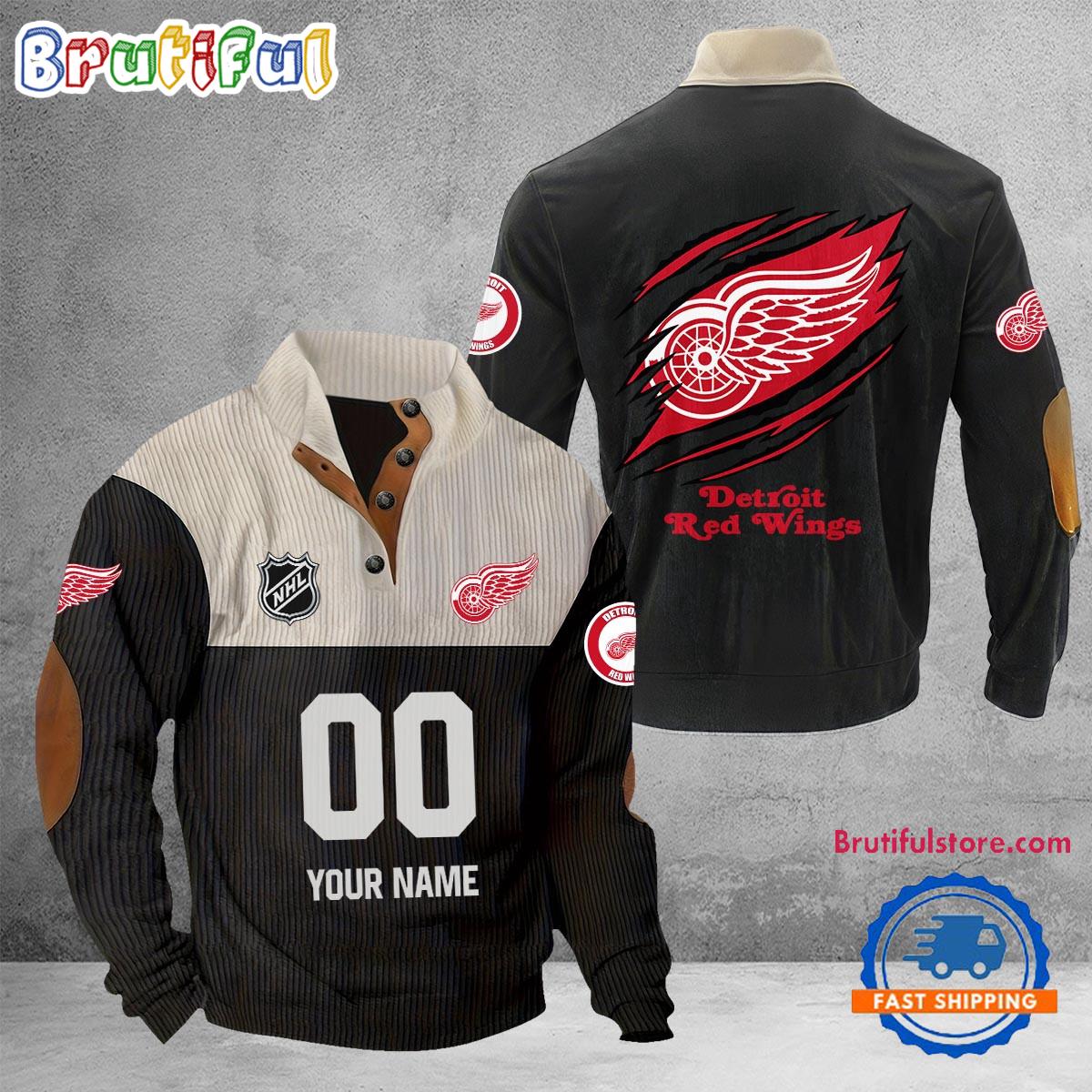 NHL Detroit Red Wings Hockey Team Custom Name And Number Buttoned Collar Sweatshirt