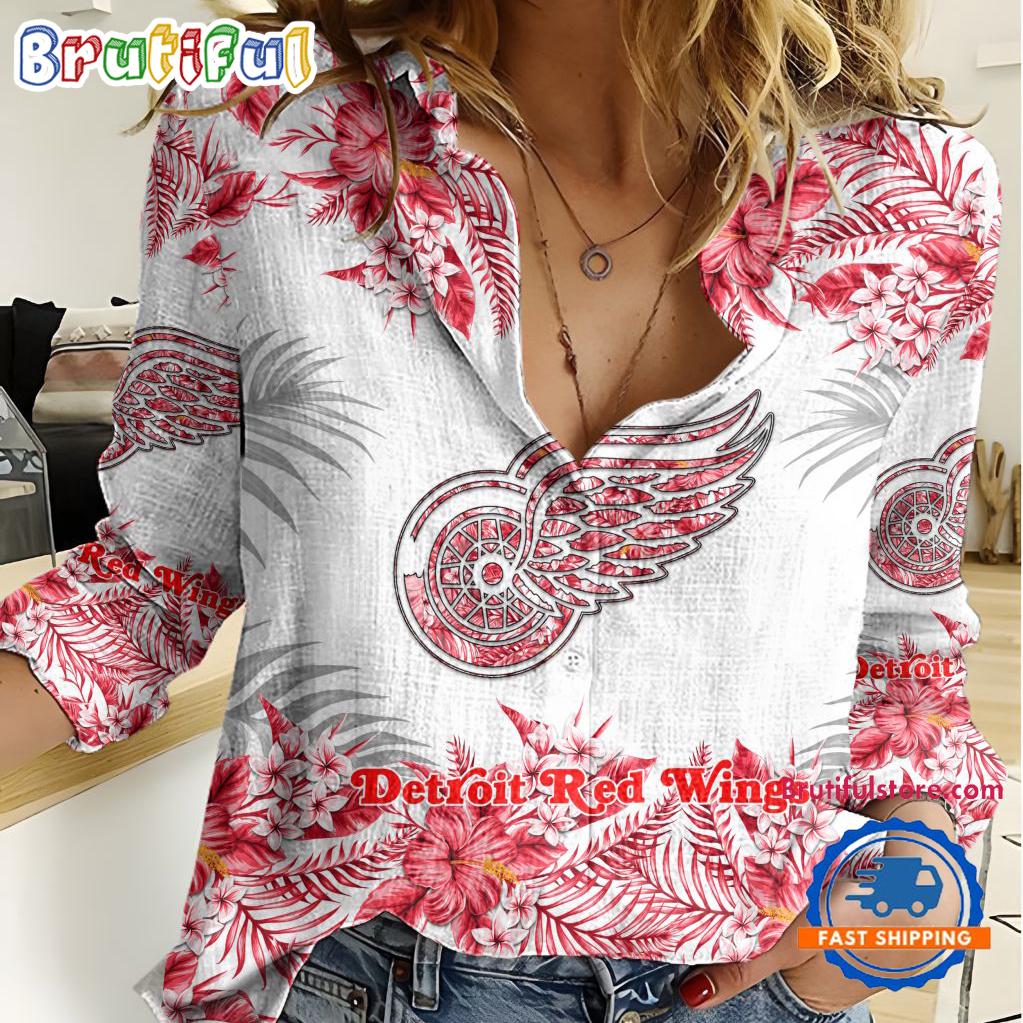 NHL Detroit Red Wings Hockey Team Hawaiian Design Women’s Casual Shirt