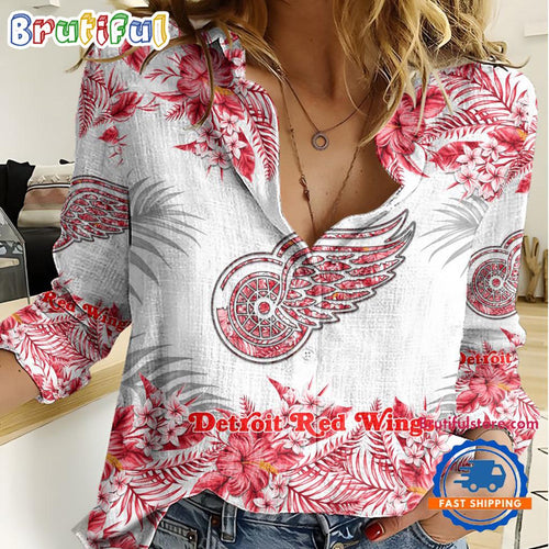 NHL Detroit Red Wings Hockey Team Hawaiian Design Women’s Casual Shirt
