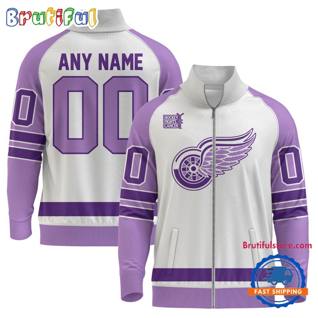 NHL Detroit Red Wings Special Hockey Fight Cancer Standing Neck Zipper Jacket