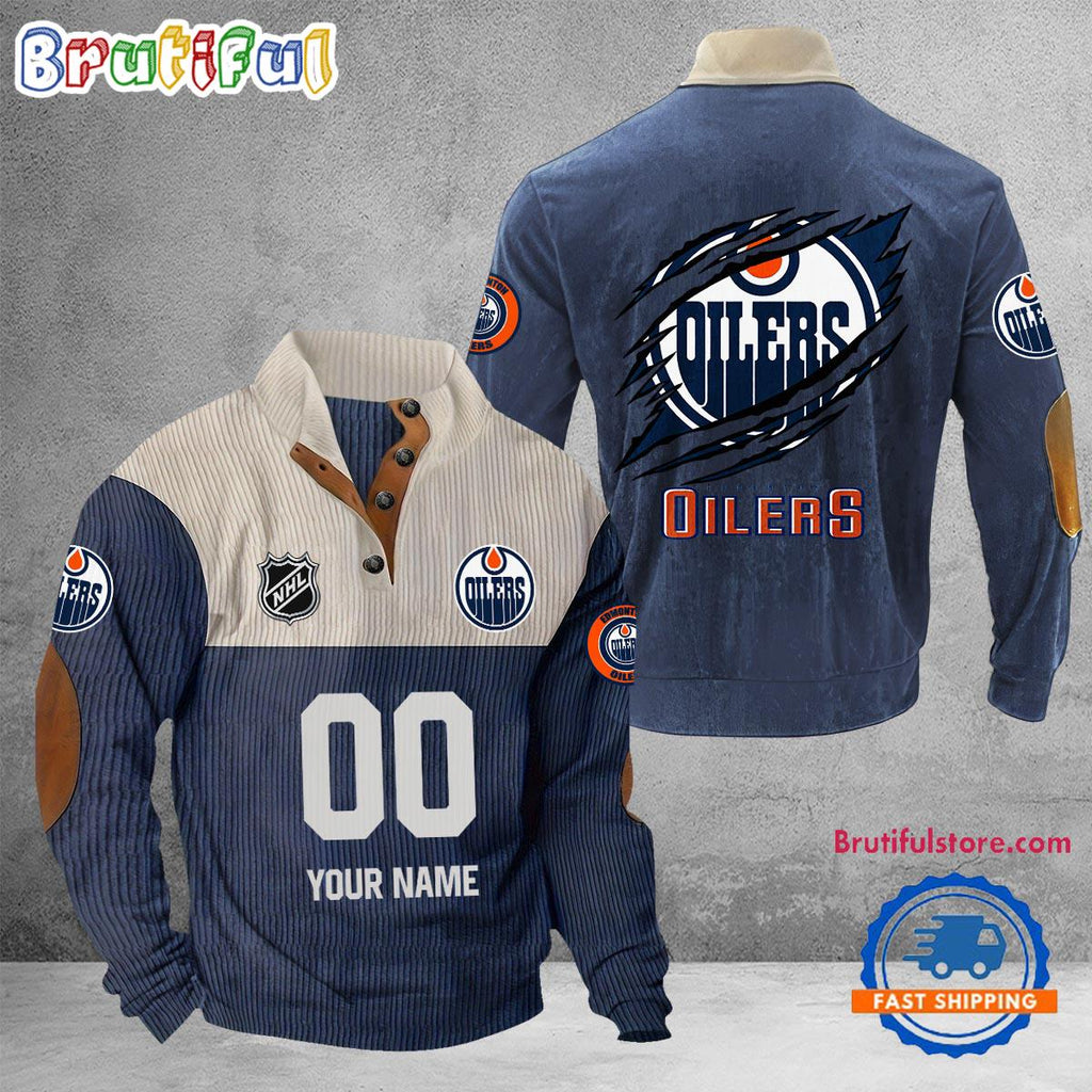 NHL Edmonton Oilers Hockey Team Custom Name And Number Buttoned Collar Sweatshirt