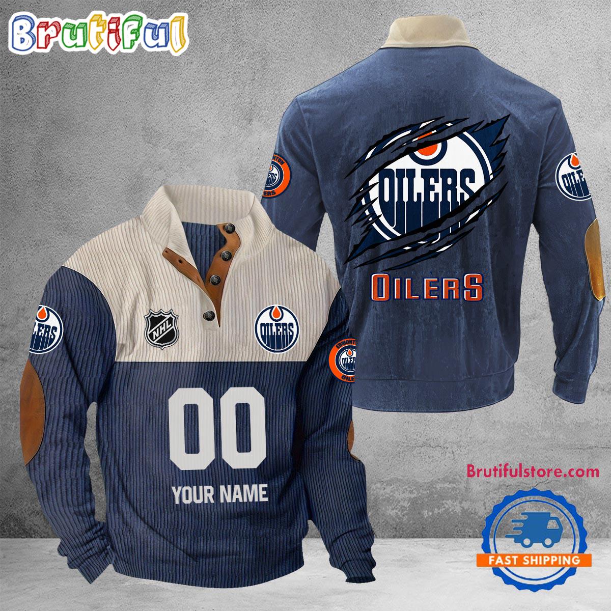 NHL Edmonton Oilers Hockey Team Custom Name And Number Buttoned Collar Sweatshirt