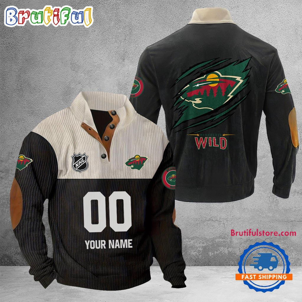 NHL Minnesota Wild Hockey Team Custom Name And Number Buttoned Collar Sweatshirt