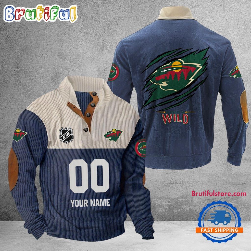 NHL Minnesota Wild Hockey Team Custom Name And Number Buttoned Collar Sweatshirt