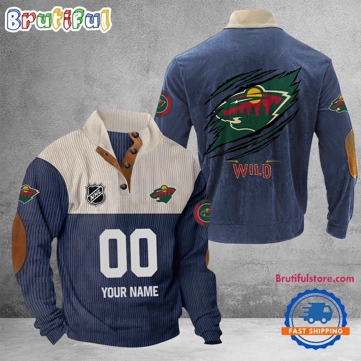 NHL Minnesota Wild Hockey Team Custom Name And Number Buttoned Collar Sweatshirt