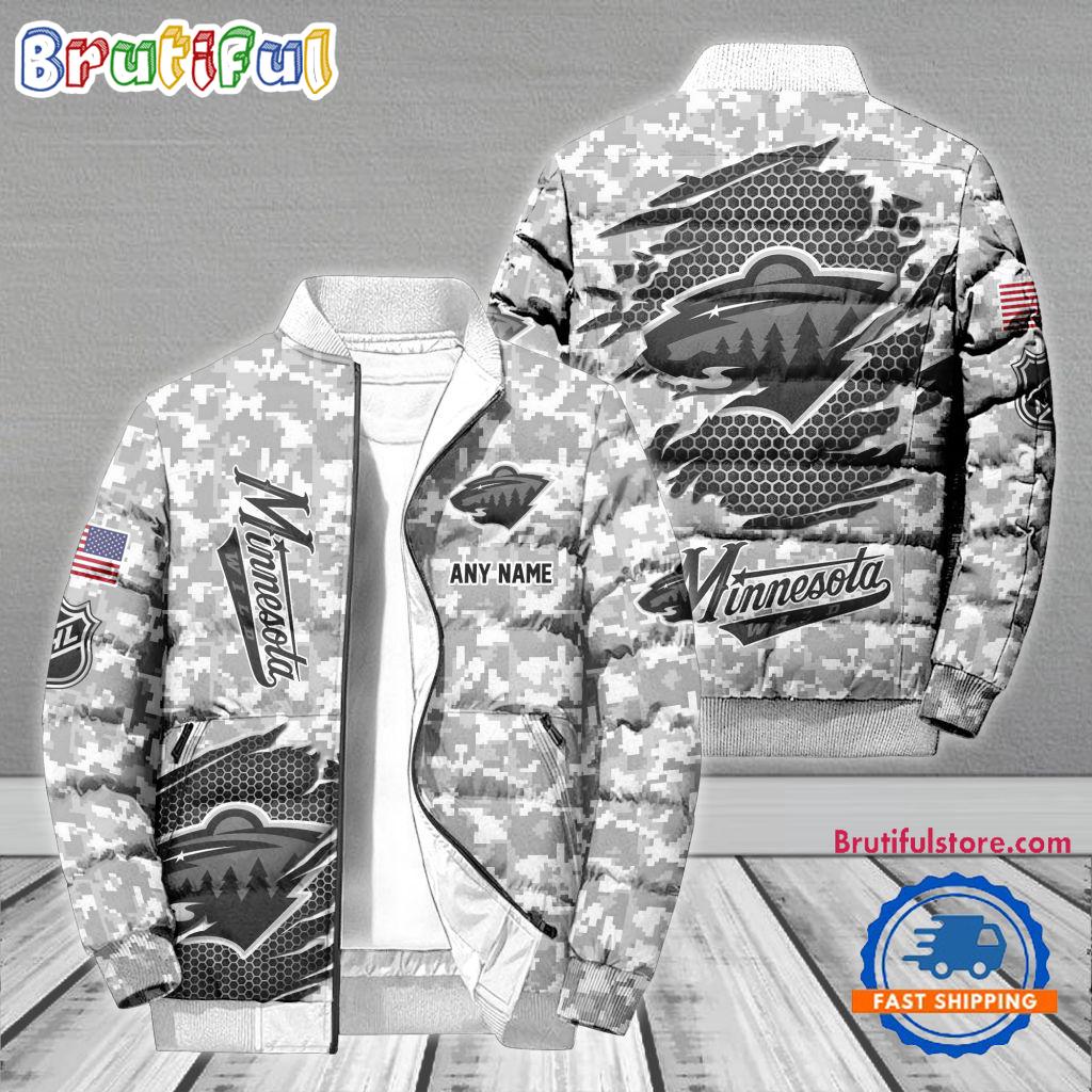 NHL Minnesota Wild Special Camo Honor Veterans Puffer Jacket, Hockey Team Design Jacket