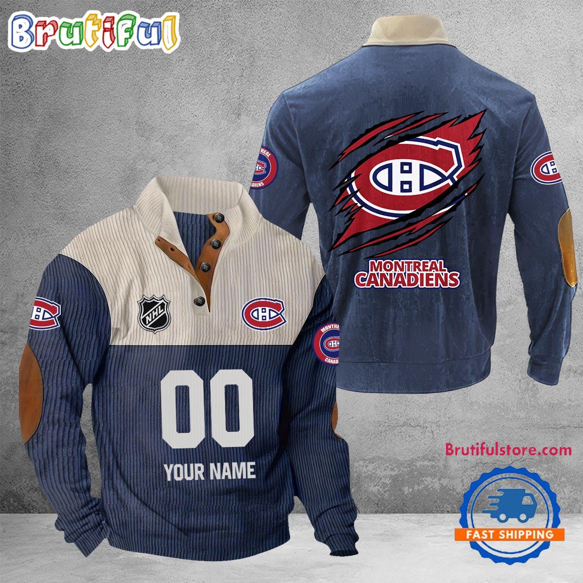 NHL Montreal Canadiens Hockey Team Custom Name And Number Buttoned Collar Sweatshirt