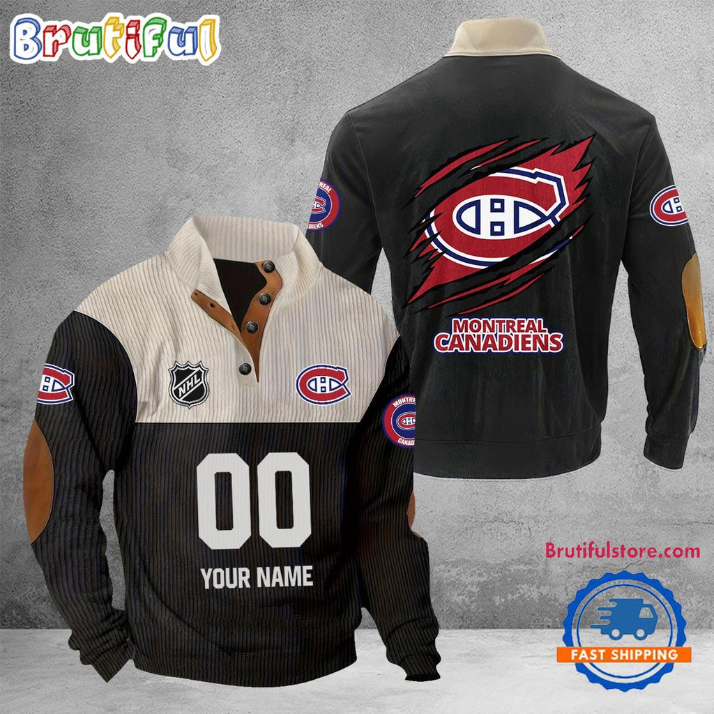 NHL Montreal Canadiens Hockey Team Custom Name And Number Buttoned Collar Sweatshirt
