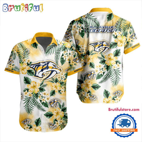 NHL Nashville Predators Hockey Tropical Flower Hawaiian Design Button Shirt