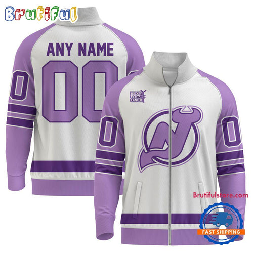 NHL New Jersey Devils Special Hockey Fight Cancer Standing Neck Zipper Jacket