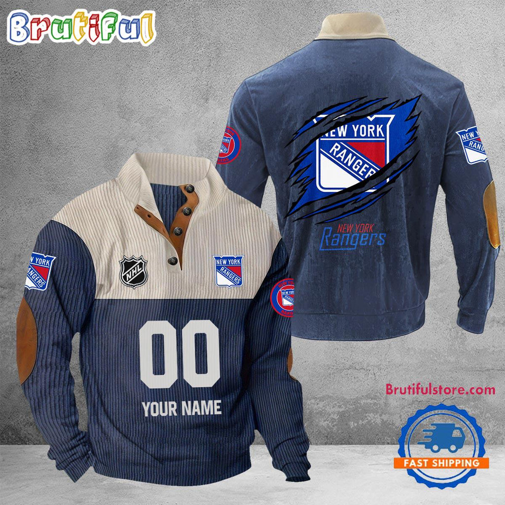 NHL New York Rangers Hockey Team Custom Name And Number Buttoned Collar Sweatshirt