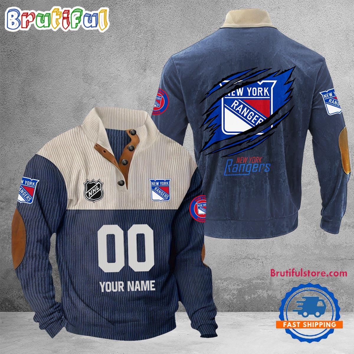 NHL New York Rangers Hockey Team Custom Name And Number Buttoned Collar Sweatshirt