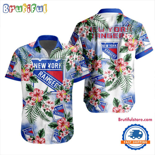 NHL New York Rangers Hockey Tropical Flower Hawaiian Design Button Shirt