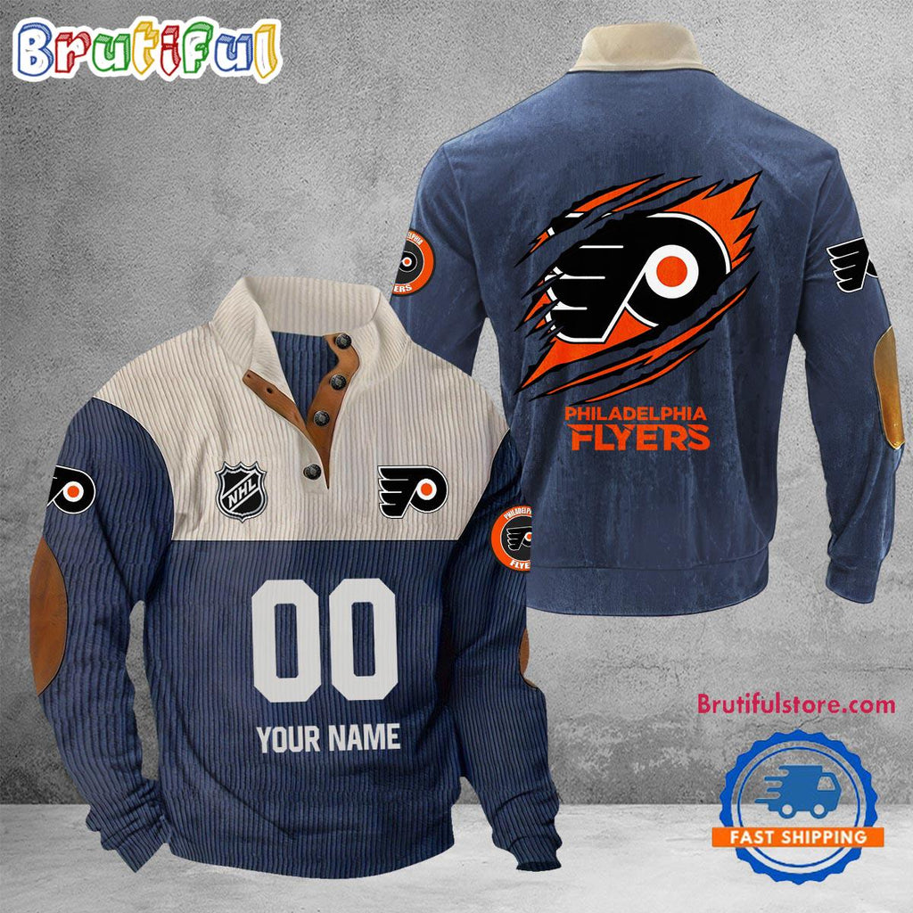 NHL Philadelphia Flyers Hockey Team Custom Name And Number Buttoned Collar Sweatshirt