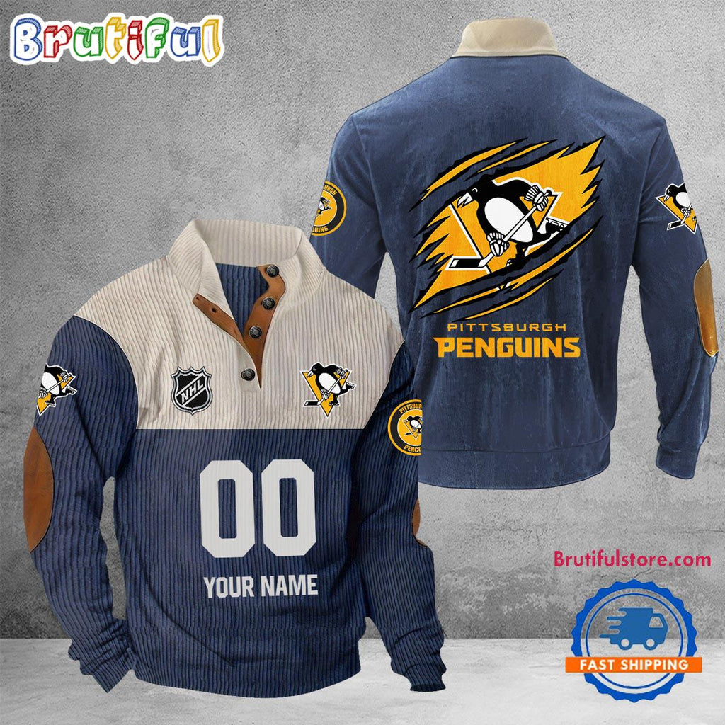 NHL Pittsburgh Penguins Hockey Team Custom Name And Number Buttoned Collar Sweatshirt