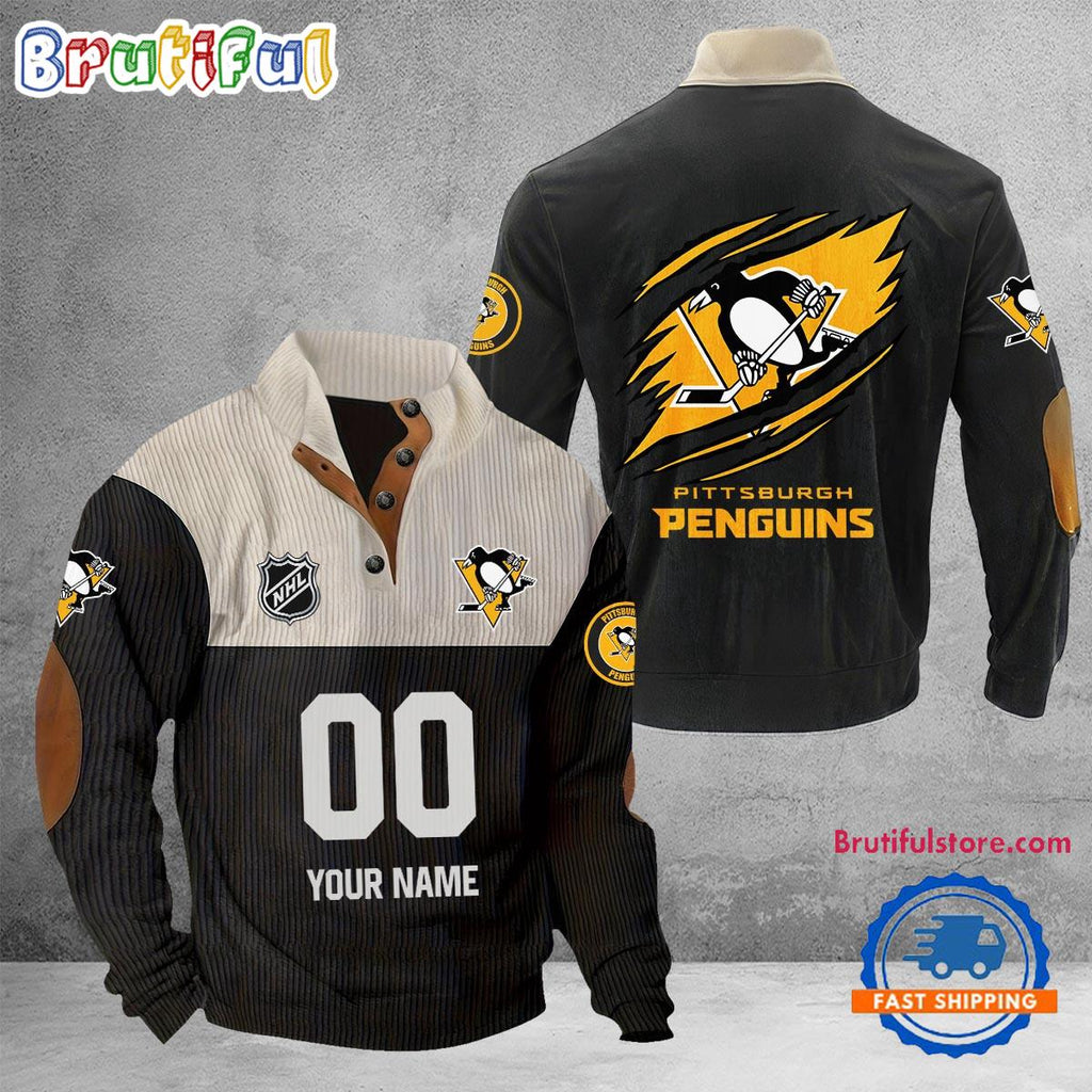 NHL Pittsburgh Penguins Hockey Team Custom Name And Number Buttoned Collar Sweatshirt
