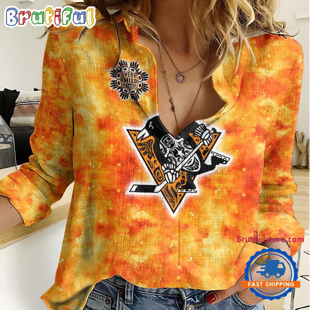 NHL Pittsburgh Penguins Hockey Team Orange Design Women’s Casual Shirt