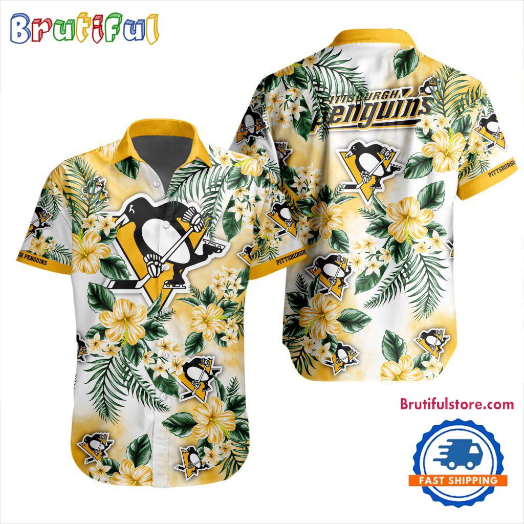 NHL Pittsburgh Penguins Hockey Tropical Flower Hawaiian Design Button Shirt