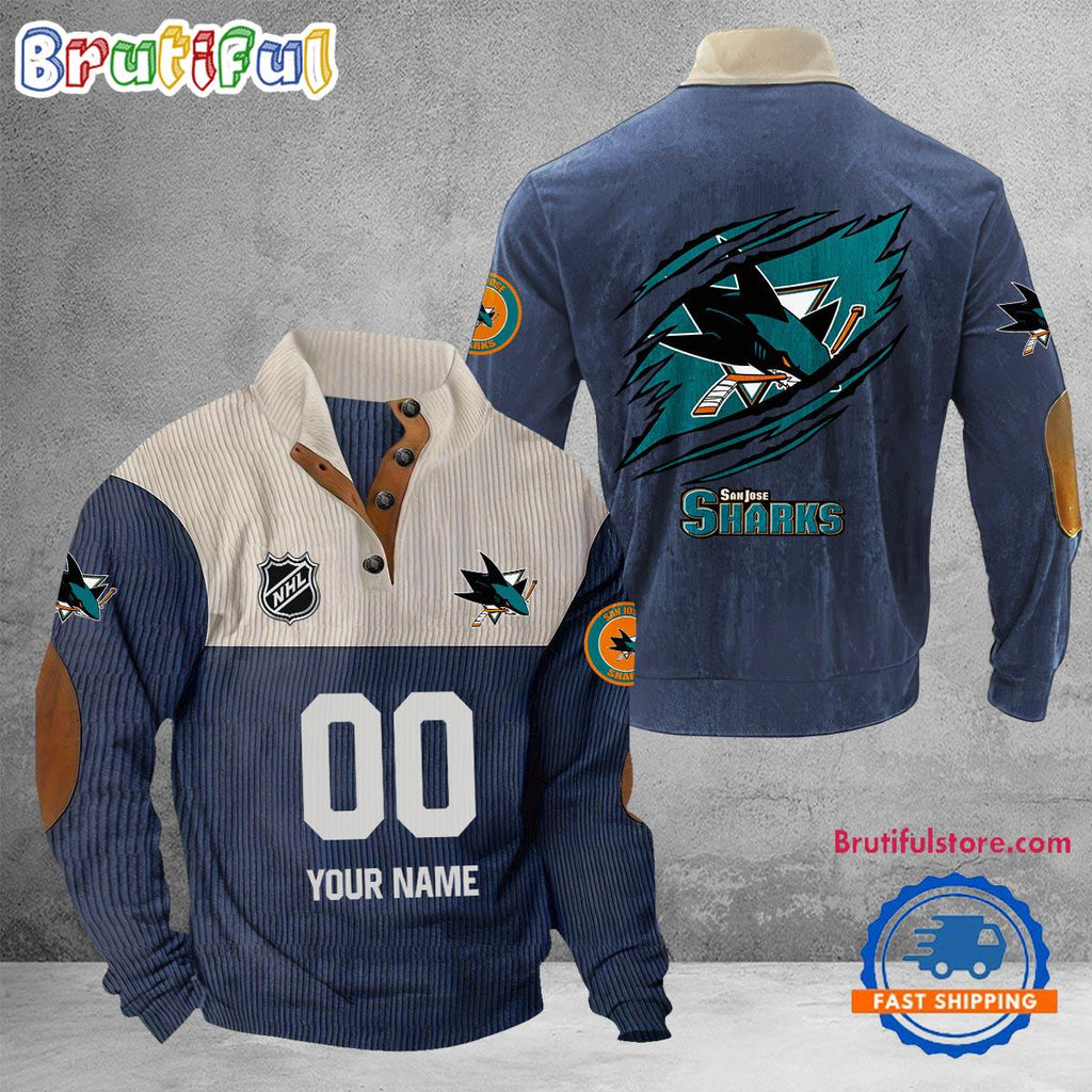NHL San Jose Sharks Hockey Team Custom Name And Number Buttoned Collar Sweatshirt