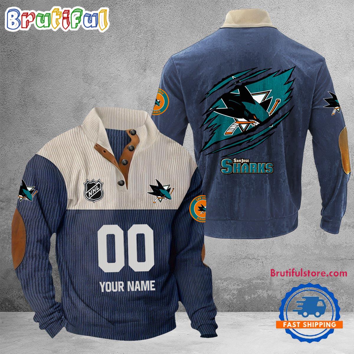 NHL San Jose Sharks Hockey Team Custom Name And Number Buttoned Collar Sweatshirt
