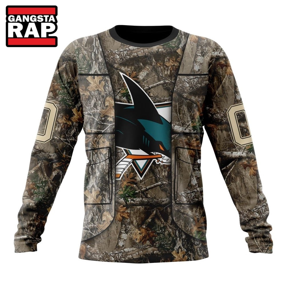 NHL San Jose Sharks Specialized Unisex Vest Kits With Realtree Camo Hoodie, T Shirt