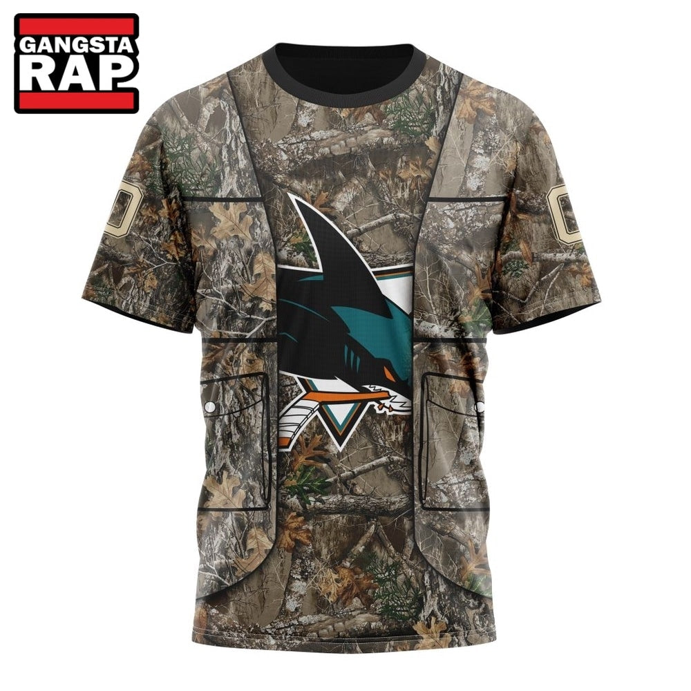 NHL San Jose Sharks Specialized Unisex Vest Kits With Realtree Camo Hoodie, T Shirt