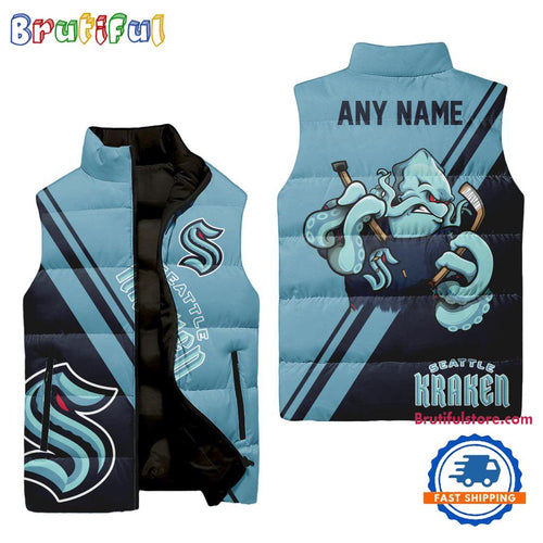 NHL Seattle Kraken Custom Name Sleeveless Puffer Jacket, Hockey Team Jacket Fans Gifts