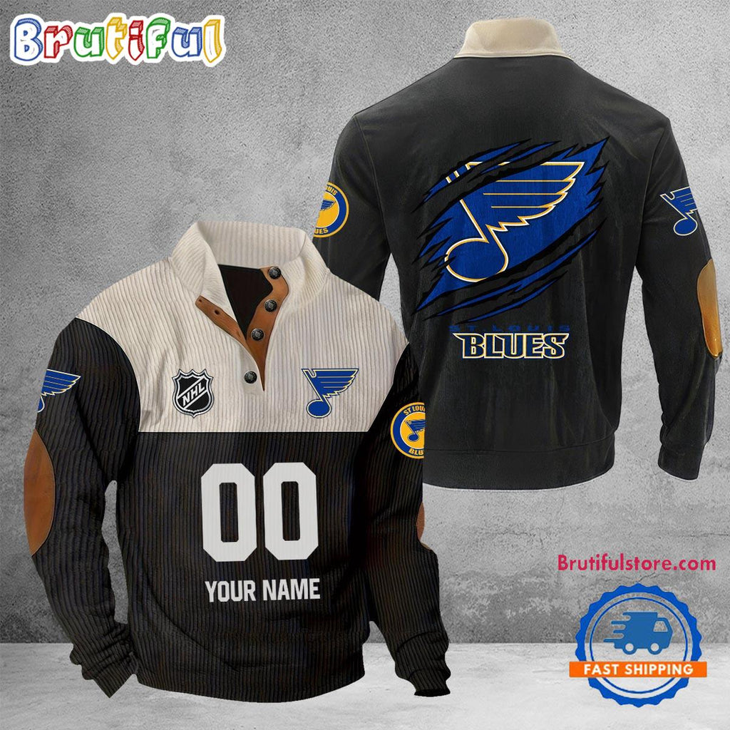 NHL St Louis Blues Hockey Team Custom Name And Number Buttoned Collar Sweatshirt