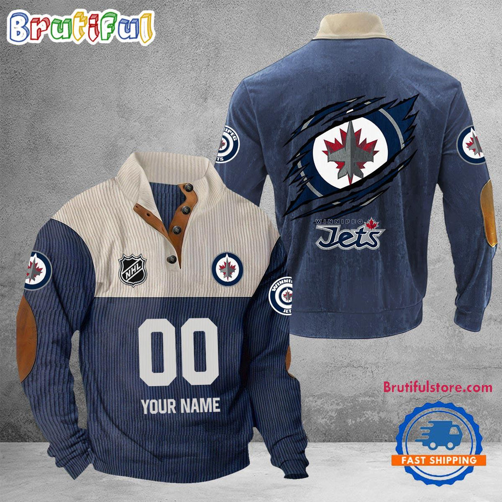 NHL Winnipeg Jets Hockey Team Custom Name And Number Buttoned Collar Sweatshirt