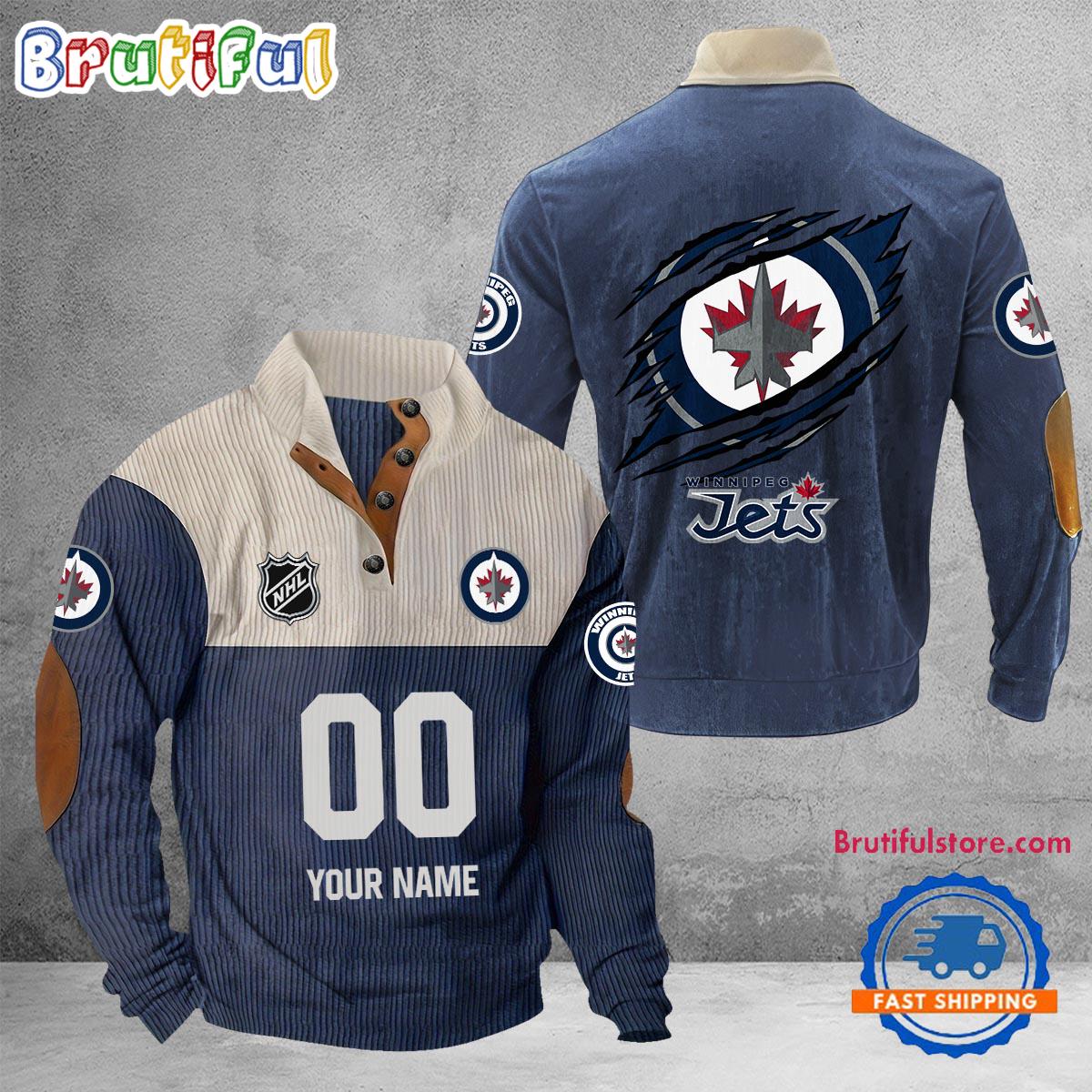 NHL Winnipeg Jets Hockey Team Custom Name And Number Buttoned Collar Sweatshirt