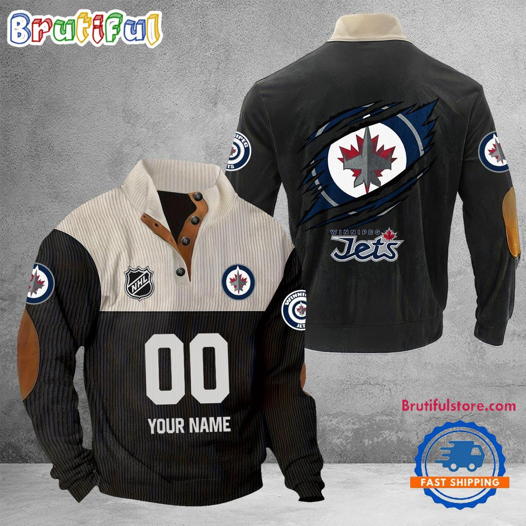 NHL Winnipeg Jets Hockey Team Custom Name And Number Buttoned Collar Sweatshirt