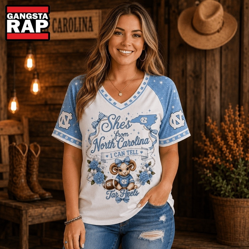 North Carolina Tar Heels NCAA Bow and Floral Team Spirit V Neck T Shirt