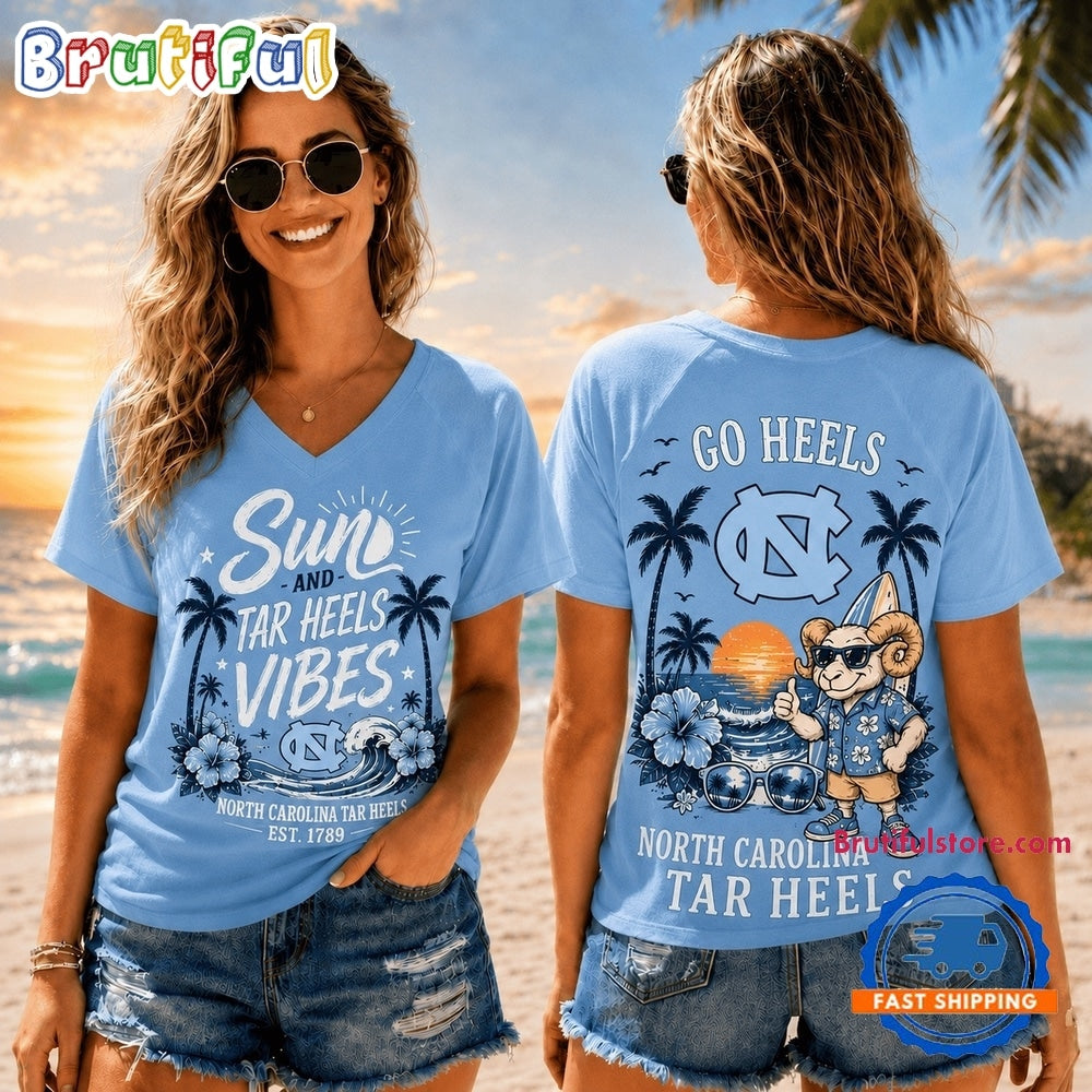 North Carolina Tar Heels NCAA Sunset and Beach Vibes V neck T Shirt