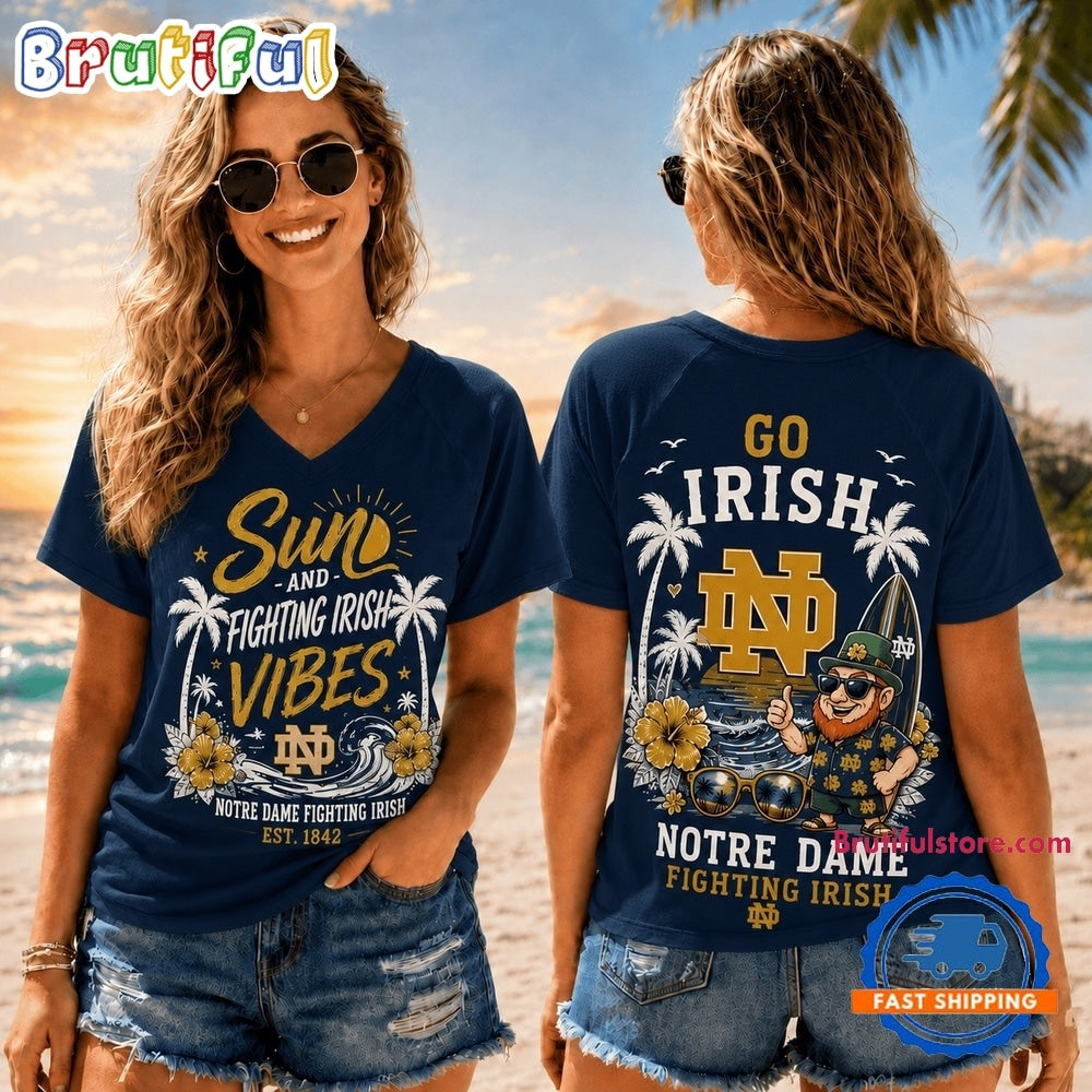 Notre Dame Fighting Irish NCAA Sunset and Beach Vibes V neck T Shirt